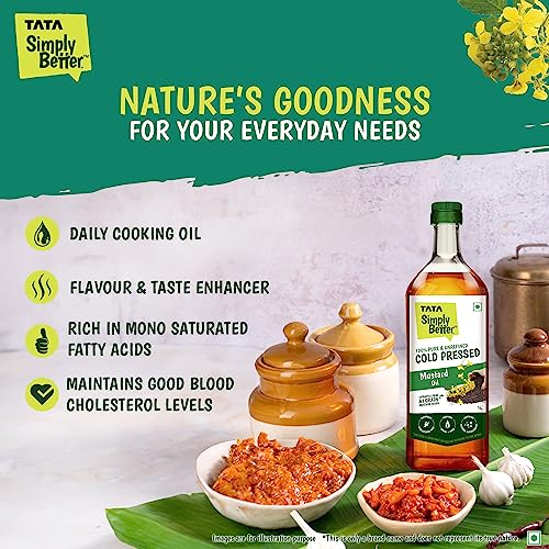 Tata Simply Better Pure and Unrefined Cold Pressed Mustard Oil, Naturally Cholesterol Free, Mustard Oil with Rich Aroma & Flavour of Real Mustard Seeds, Can Be Used in Daily Cooking, Multipurpose Usage, A1 Grade Mustard Seeds, Purity in Every Drop, 1L