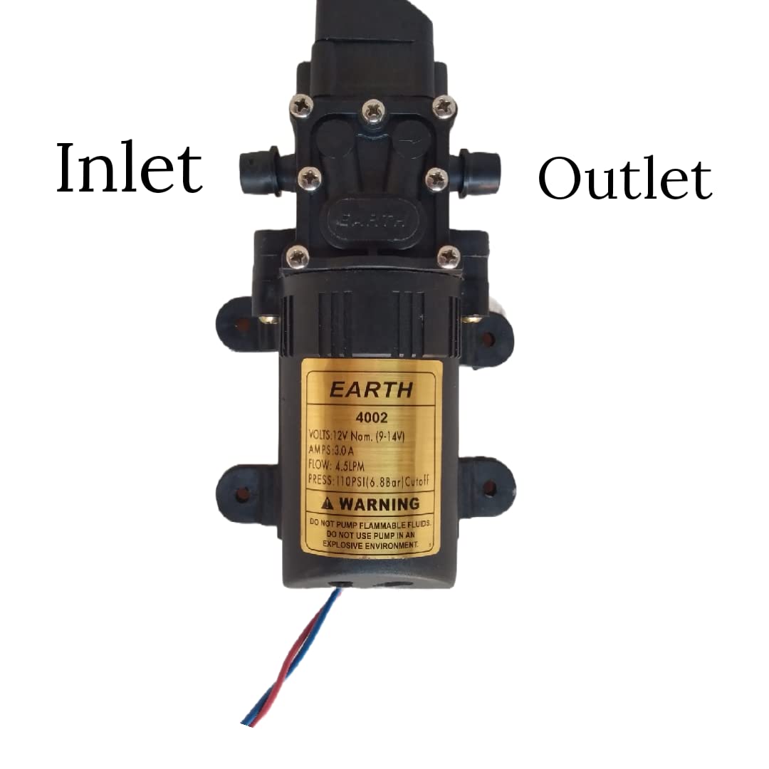 ताज सुपर 12v 3.0A डीसी इलेक्ट्रिक बैटरी/एडाप्टर संचालित 110 Psi स्प्रेयर पंप मोटर 6.8Bar कट ऑफ कृषि, बाइक धुलाई फर्श धुलाई बागवानी में प्रयुक्त 4.5 L प्रवाह प्रति मिनट. और कपलर 12v