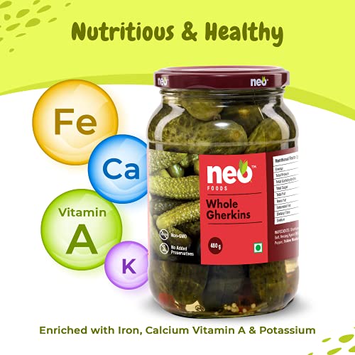 Neo Whole Gherkins 480g I Pack of 1 I 100% Vegan I Low Fat Sweet and Crunchy Pickles, Ready to Eat, No GMO I Enjoy with Nachos, Make a Healthy Salad at home