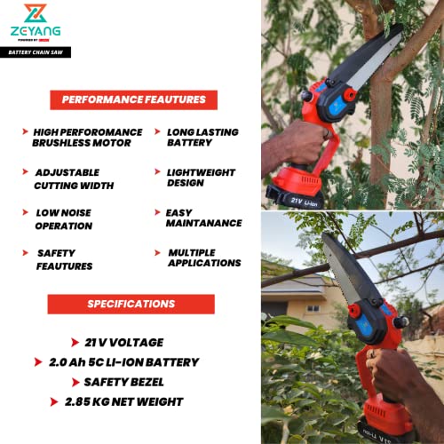 OREZEN ZEYANG Mini Cordless Chainsaw Dual Battery (21Vx2), 6 inch Cutting Area - Battery Operated Chain Saw (6 INCH)