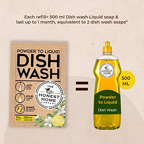 The Honest Home Company | Powder-To-Liquid Dish Wash | 2.5 Ltr Dishwash Refill | 1 Sachet = 500ML Dishwashing Liquid | Add Water And Mix | Reduce Plastic | 5 Sachets (5x500ml) - Lemon