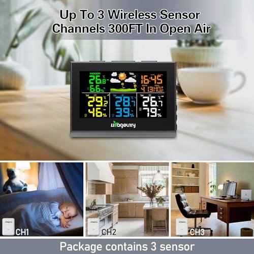 Urageuxy Weather Station with Multiple Sensors, Wireless Indoor Outdoor Thermometer Hygrometer with 3 Sensors, Weather Forecast