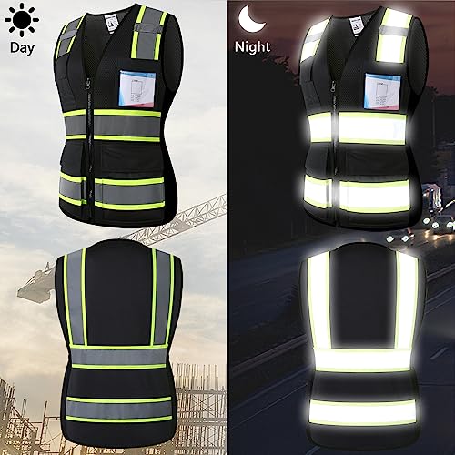 Kazsaifo Reflective Women Safety Vest with 8 Pockets and Zipper High Visibility Mesh Vest Hi Vis Women Work Vest ANSI/ISEA Standards(KZW-Black,S)