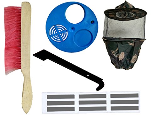 Hi-tech Natural Products (India) Equipment Brush, Plastic Ventilator, Bee Veil Army, Hive Tool Iron J Type, Queen Gate -Combo of 5