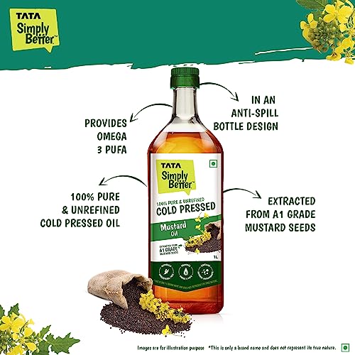 Tata Simply Better Pure and Unrefined Cold Pressed Mustard Oil, Naturally Cholesterol Free, Mustard Oil with Rich Aroma & Flavour of Real Mustard Seeds, Can Be Used in Daily Cooking, Multipurpose Usage, A1 Grade Mustard Seeds, Purity in Every Drop, 1L