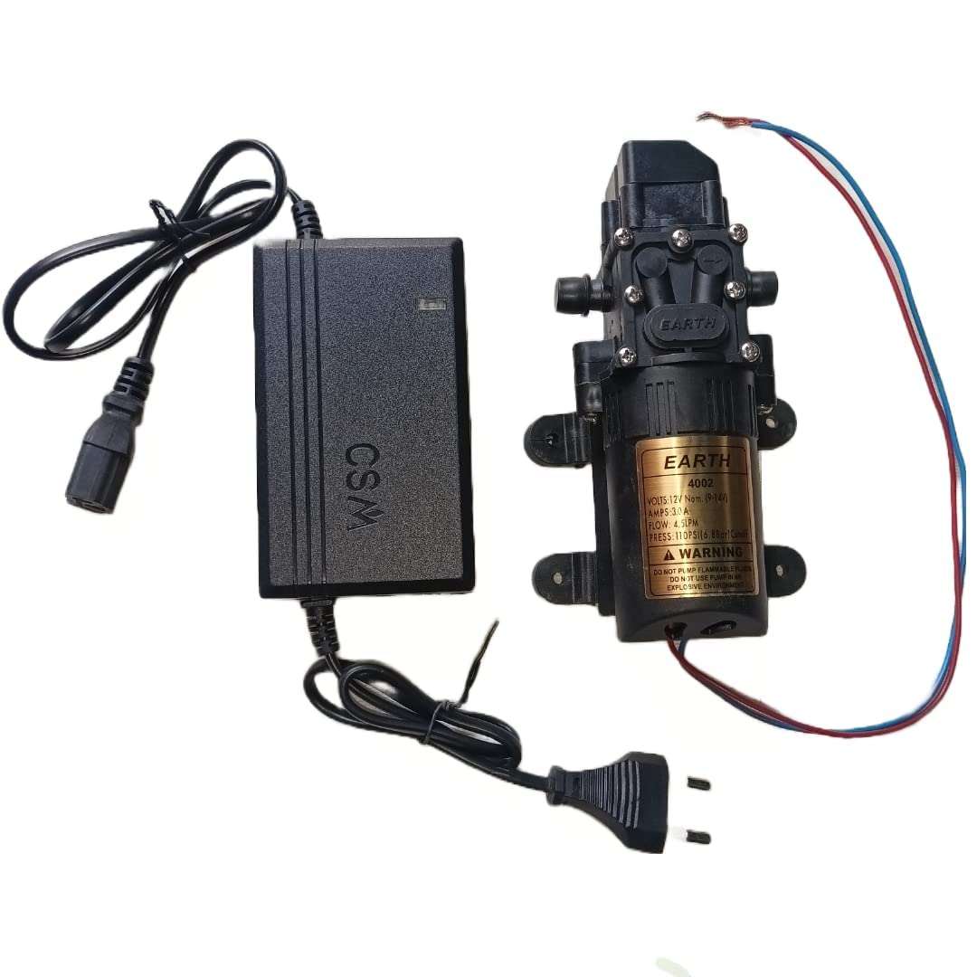ताज सुपर 12v 3.0A डीसी इलेक्ट्रिक बैटरी/एडाप्टर संचालित 110 Psi स्प्रेयर पंप मोटर कृषि, बाइक वॉशिंग फ्लोर वॉशिंग बागवानी में उपयोग किया जाता है 4.5 लीटर प्रवाह प्रति मिनट। + निःशुल्क एडाप्टर चार्जर