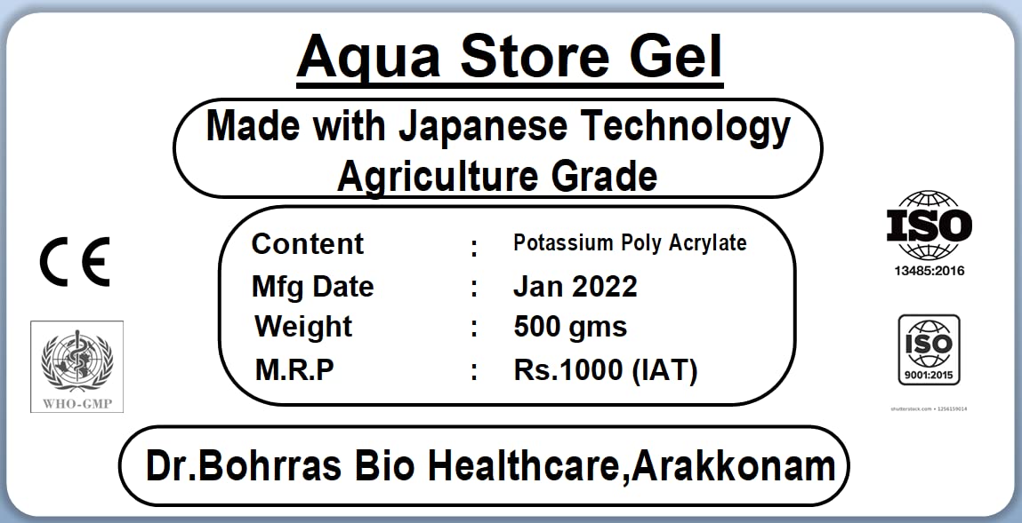 Dr.Bohrras Aqua Store जेल हायड्रोजेल 500 gms मूळ जपानी तंत्रज्ञान कृषी बाग घरगुती वनस्पतींसाठी सुपर शोषक पॉलिमर पाणी बचत इको फ्रेंडली शोषक जेल पावडर पोटॅशियम पॉलीॲक्रिलेट