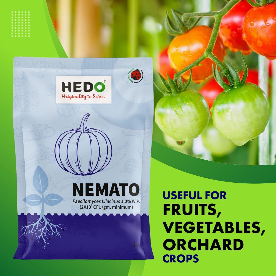 HEDO नेमाटो (पैसिलोमाइसेस लिलासिनस 2x10^8 CFU/g) जैव-कार्बनिक पाउडर (1Kg) बीज और बगीचे के पौधों के लिए - विभिन्न नेमाटोड के खिलाफ