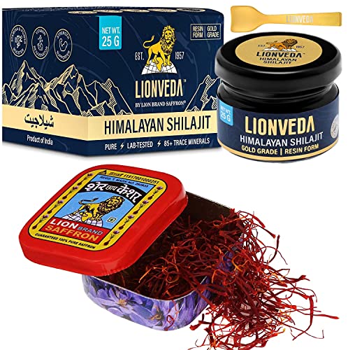LION SAFFRON 1g Kashmiri Saffron Kesar + LIONVEDA 25g Original Shilajit for Stamina, Energy and Overall Health (Shilajit Kesar/Shilajit Saffron) (Himalayan Shilajit Resin/Shilajeet)