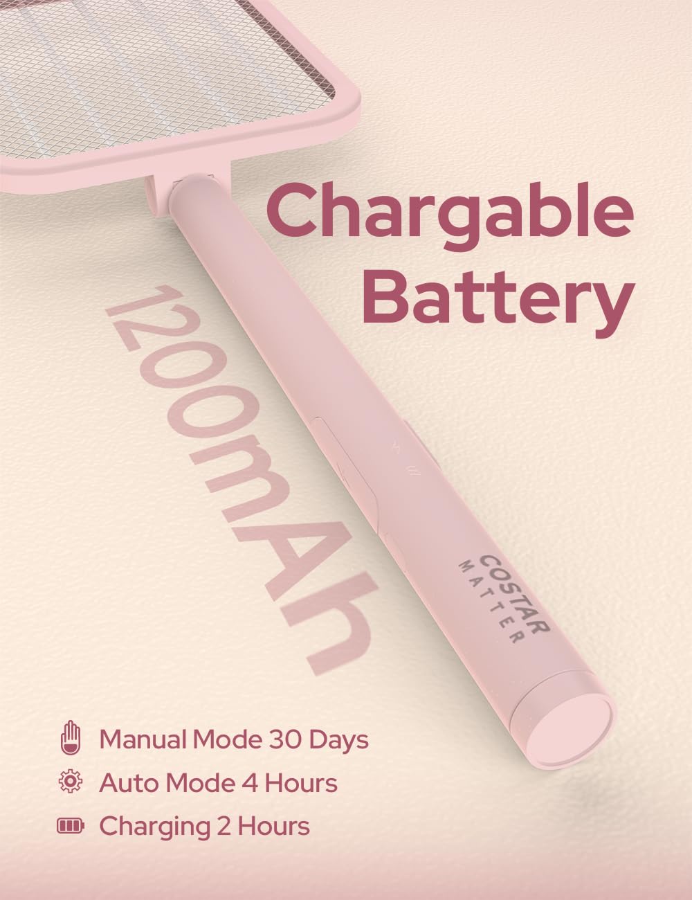 CostarMatter 3500V इलेक्ट्रिक मॉस्किटो रॅकेट बॅट - UV पर्पल लाइट, रिचार्ज करण्यायोग्य हँडहेल्ड एक्स्टेंडेबल इलेक्ट्रिक फ्लाय स्वेटर 1200mAh (गुलाबी)
