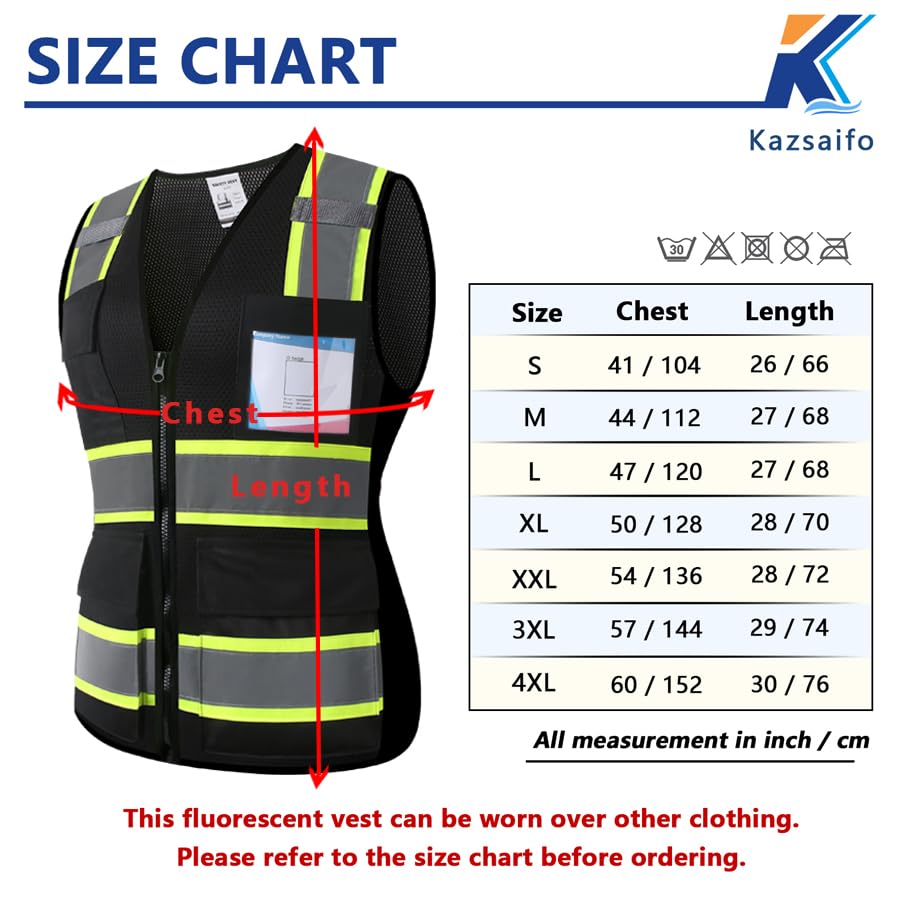 Kazsaifo Reflective Women Safety Vest with 8 Pockets and Zipper High Visibility Mesh Vest Hi Vis Women Work Vest ANSI/ISEA Standards(KZW-Black,S)