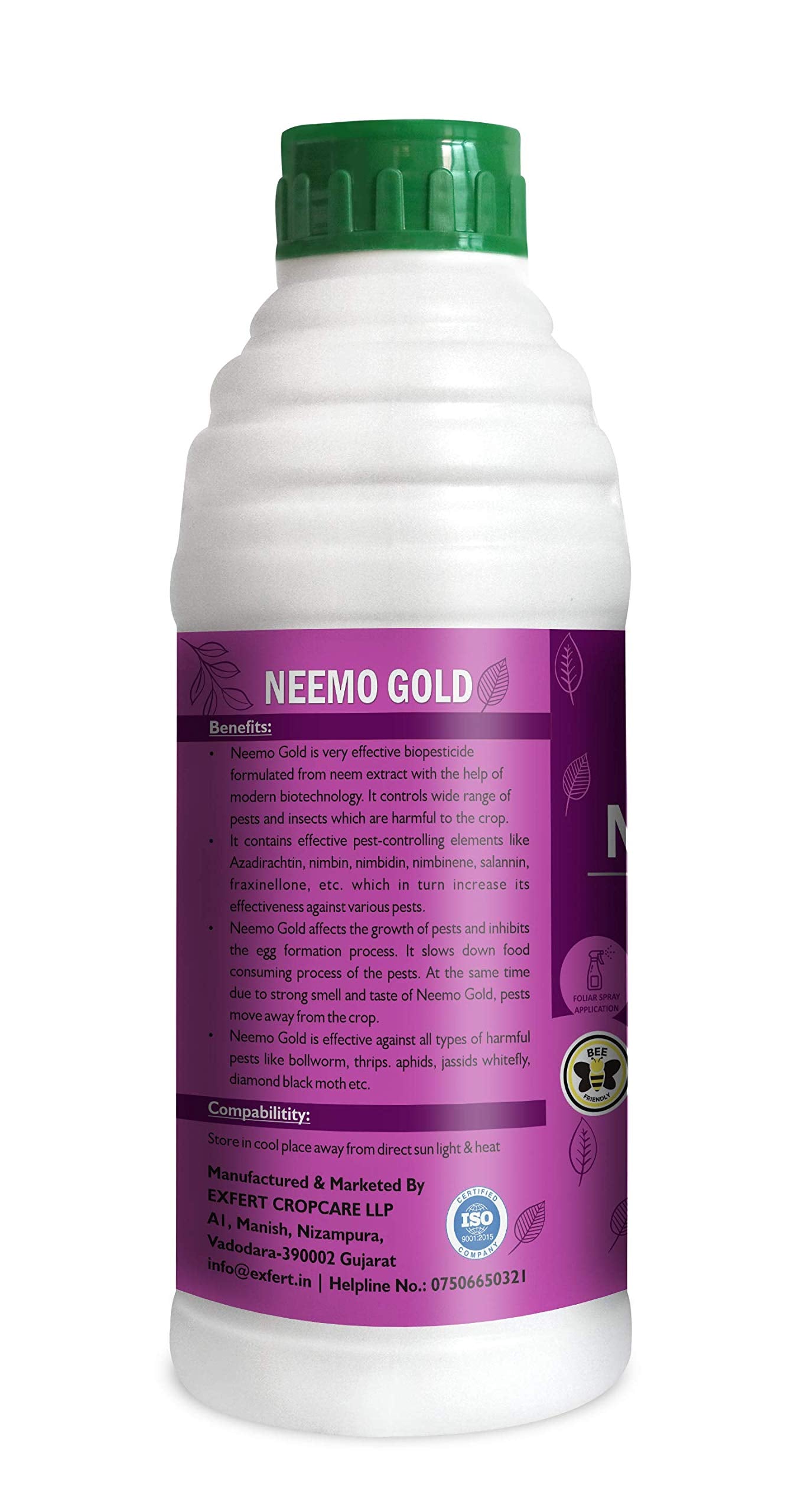Exfert Neemo - Gold Organic Neem Oil (Azadirachtin E.C. 1% W/W, 10000 Ppm) Pesticide For Plants In Horticulture, Hydroponics, Green House 250Ml