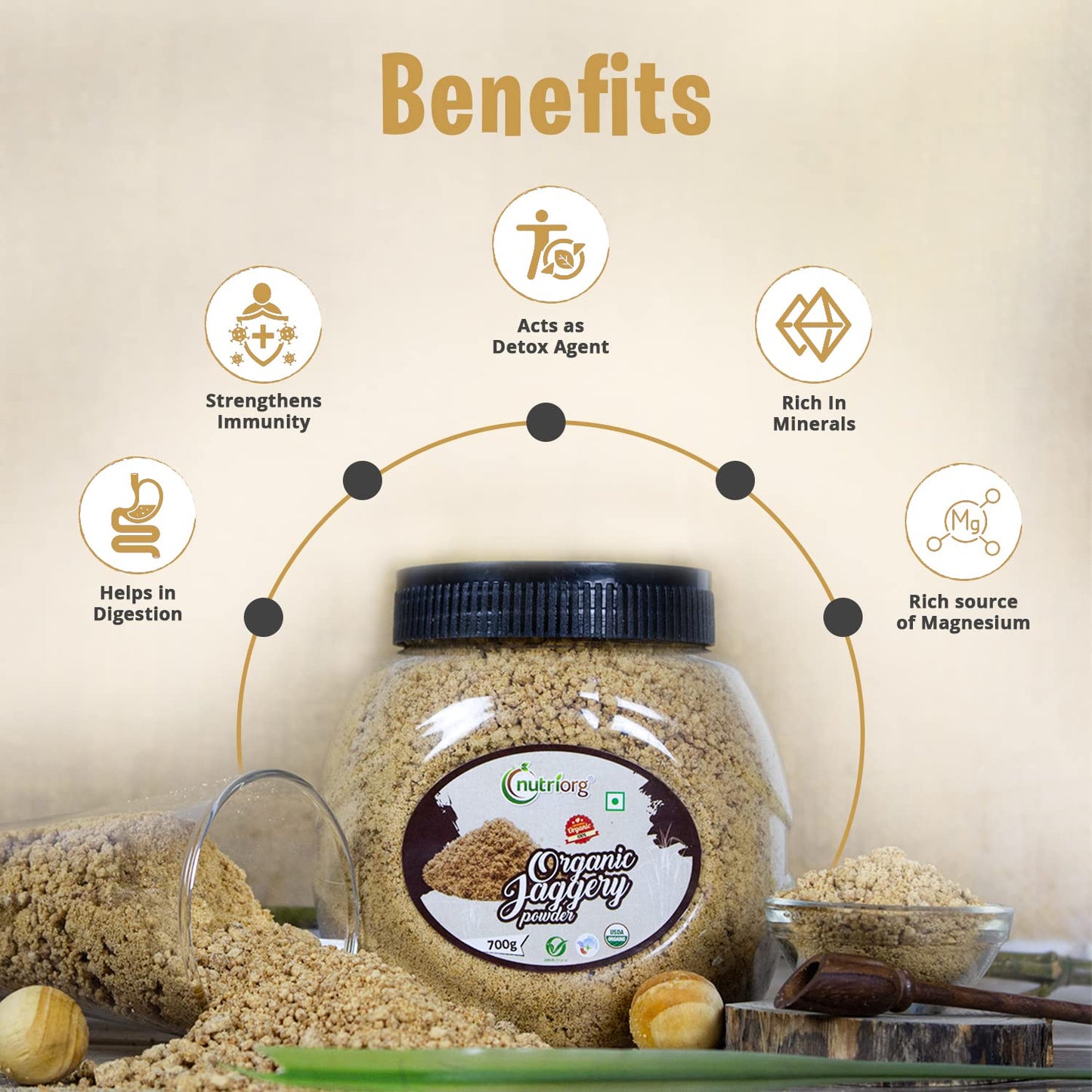 Nutriorg Certified Organic Jaggery Powder 3500g ( Pack of 5*700) | Organically Grown | No Preservatives Added