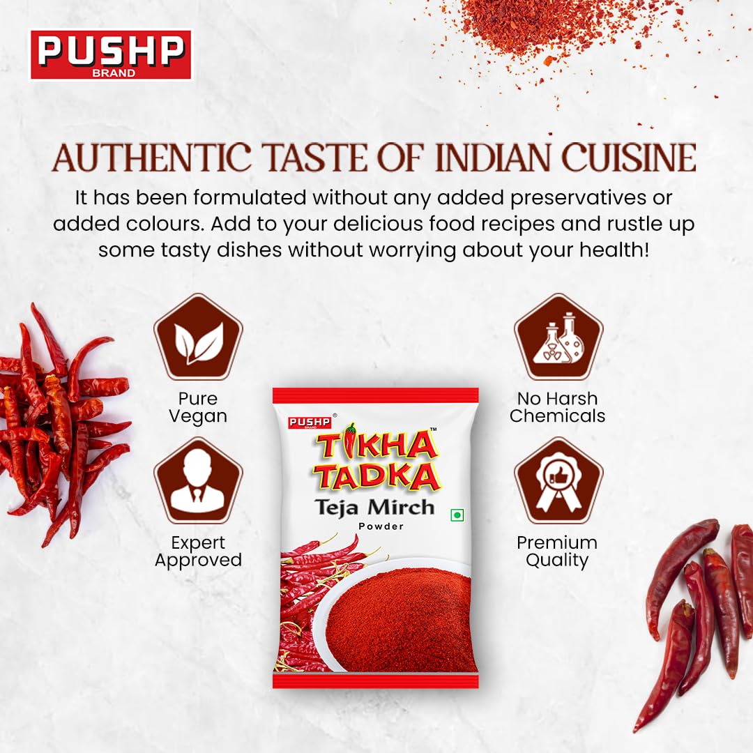 Pushp Brand Fine Red Chili Powder Tikha Tadka (100g) (Pack of 10)
