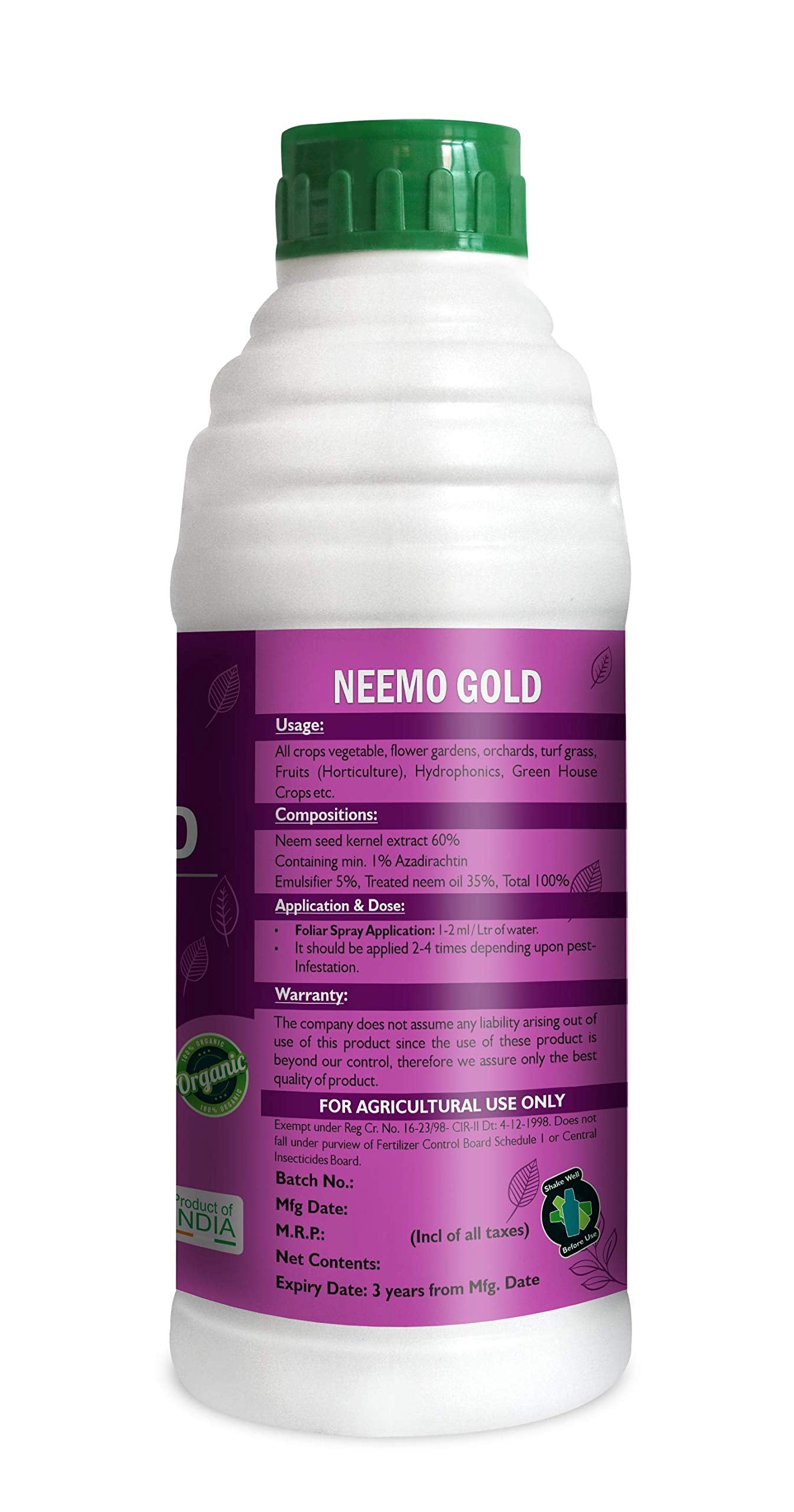 Exfert Neemo - Gold Organic Neem Oil (Azadirachtin E.C. 1% W/W, 10000 Ppm) Pesticide For Plants In Horticulture, Hydroponics, Green House 250Ml