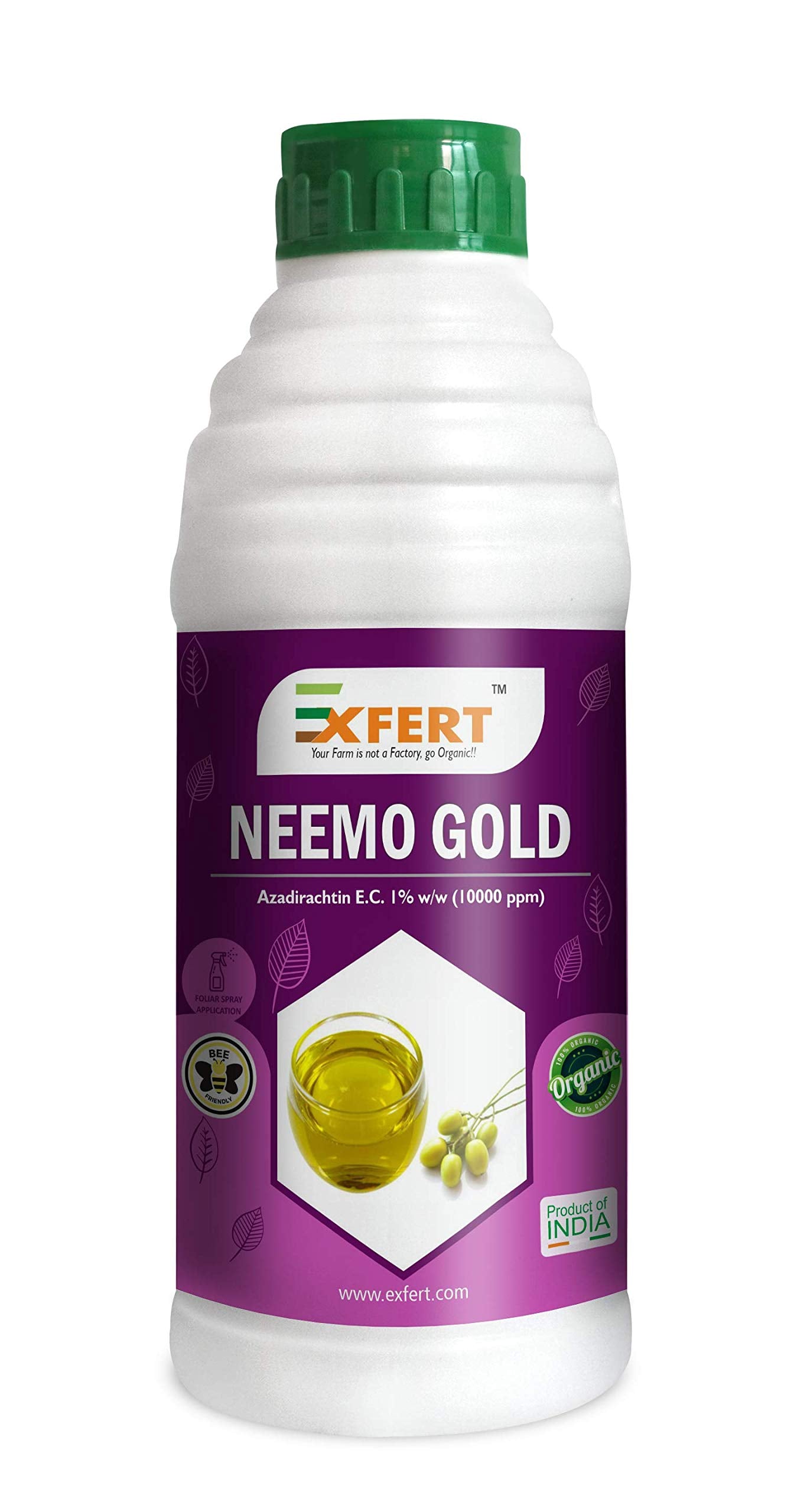 Exfert Neemo - Gold Organic Neem Oil (Azadirachtin E.C. 1% W/W, 10000 Ppm) Pesticide For Plants In Horticulture, Hydroponics, Green House 250Ml