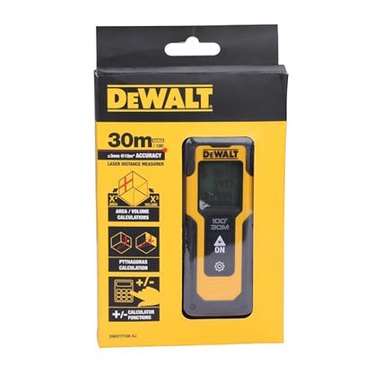 DEWALT DWHT77100 30M कॉर्डलेस लेजर डिस्टेंस मेजरर 2xAAA बैटरी के साथ दूरी क्षेत्र और आयतन माप के लिए रंगीन स्क्रीन के साथ घर, DIY और व्यावसायिक उपयोग के लिए, 1 वर्ष की वारंटी, पीला और काला