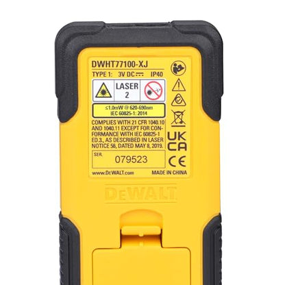 DEWALT DWHT77100 30M कॉर्डलेस लेजर डिस्टेंस मेजरर 2xAAA बैटरी के साथ दूरी क्षेत्र और आयतन माप के लिए रंगीन स्क्रीन के साथ घर, DIY और व्यावसायिक उपयोग के लिए, 1 वर्ष की वारंटी, पीला और काला