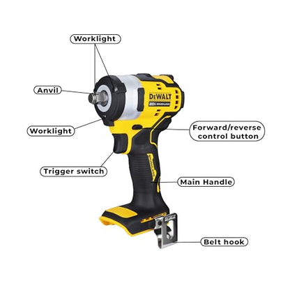 DEWALT DCF911N-B1 1/2'' 20V मॅक्स ली-आयन रिव्हर्सिबल कॉर्डलेस ब्रशलेस कॉम्पॅक्ट, 542 Nm टॉर्क (बेअर टूल)