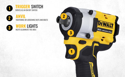 DEWALT DCF922N-B1 1/2'' 20V मॅक्स ली-आयन रिव्हर्सिबल कॉर्डलेस ब्रशलेस कॉम्पॅक्ट इम्पॅक्ट रेंच, LED रिंग लाइटिंगसह 610 Nm टॉर्क (बेअर टूल)
