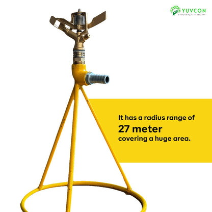 YUVCON Sprinkler with Stand, 360 Degree Rotating Brass Sprinkler with 3/4 inch Nipple for Pipe Attachment, Iron Metal Circular Base Stand, High Impact Water Sprinkler for Gardening & Agriculture