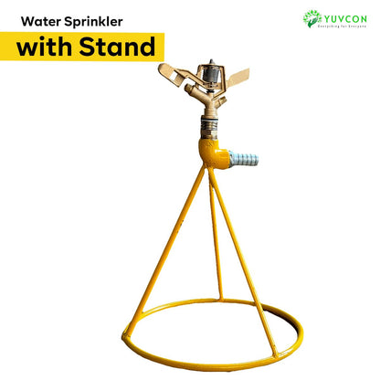 YUVCON Sprinkler with Stand, 360 Degree Rotating Brass Sprinkler with 3/4 inch Nipple for Pipe Attachment, Iron Metal Circular Base Stand, High Impact Water Sprinkler for Gardening & Agriculture
