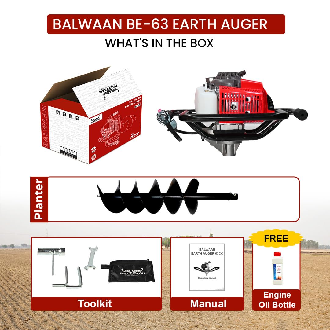 बलवान कृषि BE-63 अर्थ ऑगर 63 cc 2 स्ट्रोक शक्तिशाली हैवी ड्यूटी पेट्रोल इंजन 6 इंच डबल स्पाइरल प्लांटर के साथ गड्ढे खोदने, वृक्षारोपण और बाड़ लगाने के उद्देश्य के लिए उपयुक्त