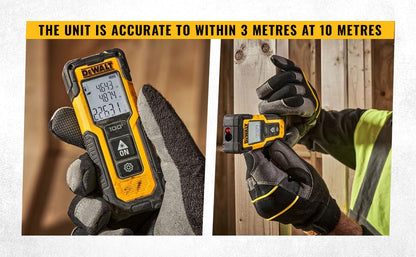DEWALT DWHT77100 30M कॉर्डलेस लेजर डिस्टेंस मेजरर 2xAAA बैटरी के साथ दूरी क्षेत्र और आयतन माप के लिए रंगीन स्क्रीन के साथ घर, DIY और व्यावसायिक उपयोग के लिए, 1 वर्ष की वारंटी, पीला और काला