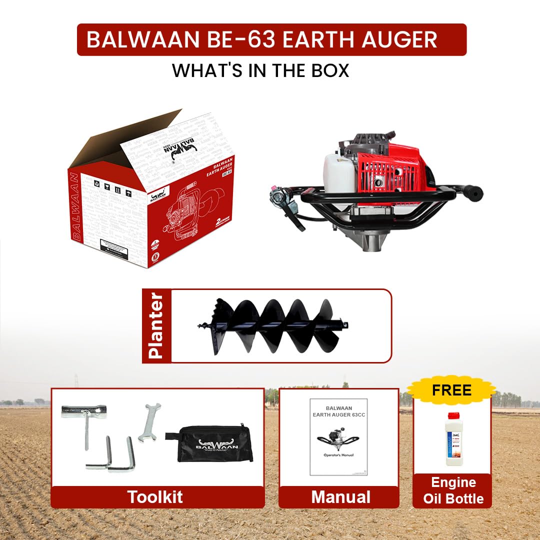 बलवान कृषी BE-63 Earth Auger 63 cc 2 स्ट्रोक पॉवरफुल हेवी ड्युटी पेट्रोल इंजिन 12 इंच डबल स्पायरल प्लांटर खड्डे खोदण्यासाठी, वृक्षारोपण आणि कुंपण घालण्याच्या उद्देशासाठी उपयुक्त