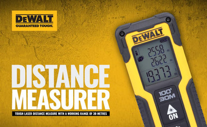 DEWALT DWHT77100 30M कॉर्डलेस लेजर डिस्टेंस मेजरर 2xAAA बैटरी के साथ दूरी क्षेत्र और आयतन माप के लिए रंगीन स्क्रीन के साथ घर, DIY और व्यावसायिक उपयोग के लिए, 1 वर्ष की वारंटी, पीला और काला