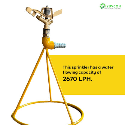 YUVCON Sprinkler with Stand, 360 Degree Rotating Brass Sprinkler with 3/4 inch Nipple for Pipe Attachment, Iron Metal Circular Base Stand, High Impact Water Sprinkler for Gardening & Agriculture