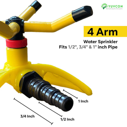YUVCON Sprinkler for Garden, 4 arm Sprinkler with 360 Degree Rotation, Dispenses The Water evenly, fits 1/2", 3/4" & 1" inch Pipe, Water Sprinkler