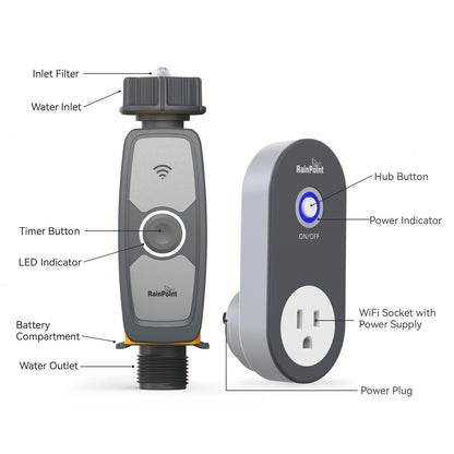 RainPoint Smart WiFi Hose 1-Zone Drip Irrigation Garden Water Timer with WiFi Hub Socket | Mobile APP and Voice Controlled- Google Home and Amazon Alexa