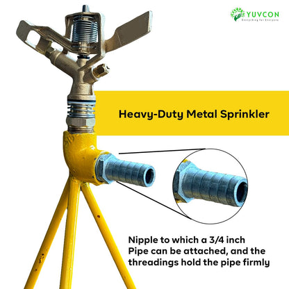 YUVCON Sprinkler with Stand, 360 Degree Rotating Brass Sprinkler with 3/4 inch Nipple for Pipe Attachment, Iron Metal Circular Base Stand, High Impact Water Sprinkler for Gardening & Agriculture