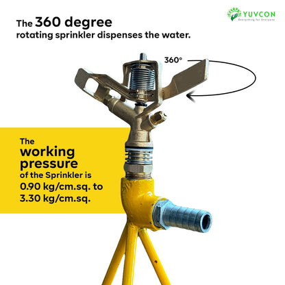 YUVCON Sprinkler with Stand, 360 Degree Rotating Brass Sprinkler with 3/4 inch Nipple for Pipe Attachment, Iron Metal Circular Base Stand, High Impact Water Sprinkler for Gardening & Agriculture