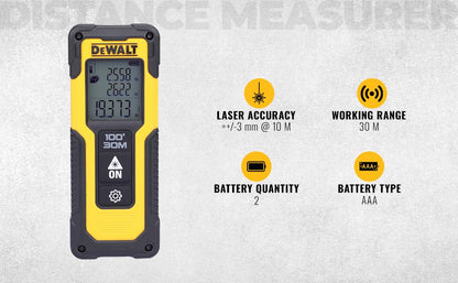 DEWALT DWHT77100 30M कॉर्डलेस लेजर डिस्टेंस मेजरर 2xAAA बैटरी के साथ दूरी क्षेत्र और आयतन माप के लिए रंगीन स्क्रीन के साथ घर, DIY और व्यावसायिक उपयोग के लिए, 1 वर्ष की वारंटी, पीला और काला