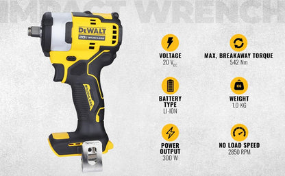 DEWALT DCF911N-B1 1/2'' 20V मॅक्स ली-आयन रिव्हर्सिबल कॉर्डलेस ब्रशलेस कॉम्पॅक्ट, 542 Nm टॉर्क (बेअर टूल)