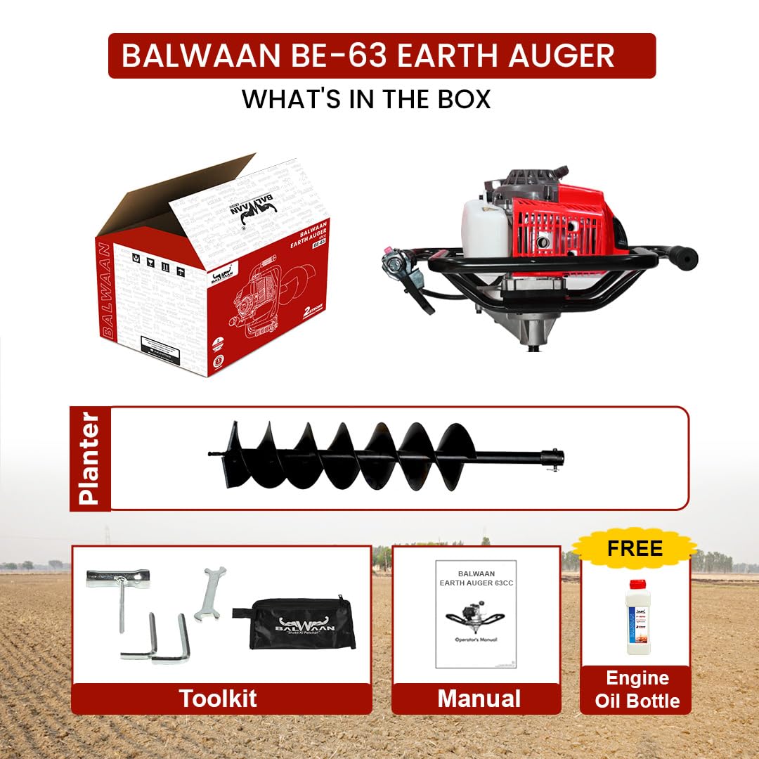 बलवान कृषी BE-63 Earth Auger 63 cc 2 स्ट्रोक पॉवरफुल हेवी ड्युटी पेट्रोल इंजिनसह 8 इंच दुहेरी सर्पिल प्लांटर खड्डे खोदण्यासाठी, वृक्षारोपण आणि कुंपण घालण्याच्या उद्देशासाठी उपयुक्त