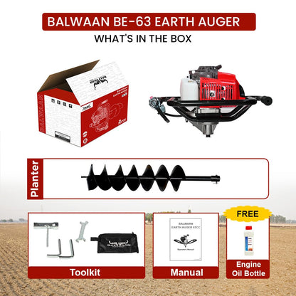 बलवान कृषी BE-63 Earth Auger 63 cc 2 स्ट्रोक पॉवरफुल हेवी ड्युटी पेट्रोल इंजिनसह 8 इंच दुहेरी सर्पिल प्लांटर खड्डे खोदण्यासाठी, वृक्षारोपण आणि कुंपण घालण्याच्या उद्देशासाठी उपयुक्त