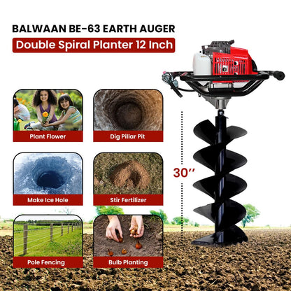 बलवान कृषी BE-63 Earth Auger 63 cc 2 स्ट्रोक पॉवरफुल हेवी ड्युटी पेट्रोल इंजिन 12 इंच डबल स्पायरल प्लांटर खड्डे खोदण्यासाठी, वृक्षारोपण आणि कुंपण घालण्याच्या उद्देशासाठी उपयुक्त