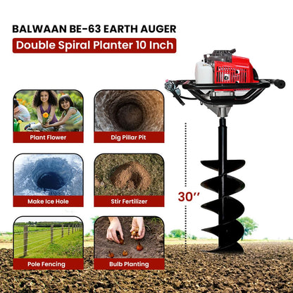बलवान कृषी BE-63 Earth Auger 63 cc 2 स्ट्रोक पॉवरफुल हेवी ड्यूटी पेट्रोल इंजिन 10 इंच दुहेरी सर्पिल प्लांटरसह खड्डे खोदणे, वृक्षारोपण आणि कुंपण घालण्याच्या उद्देशासाठी उपयुक्त