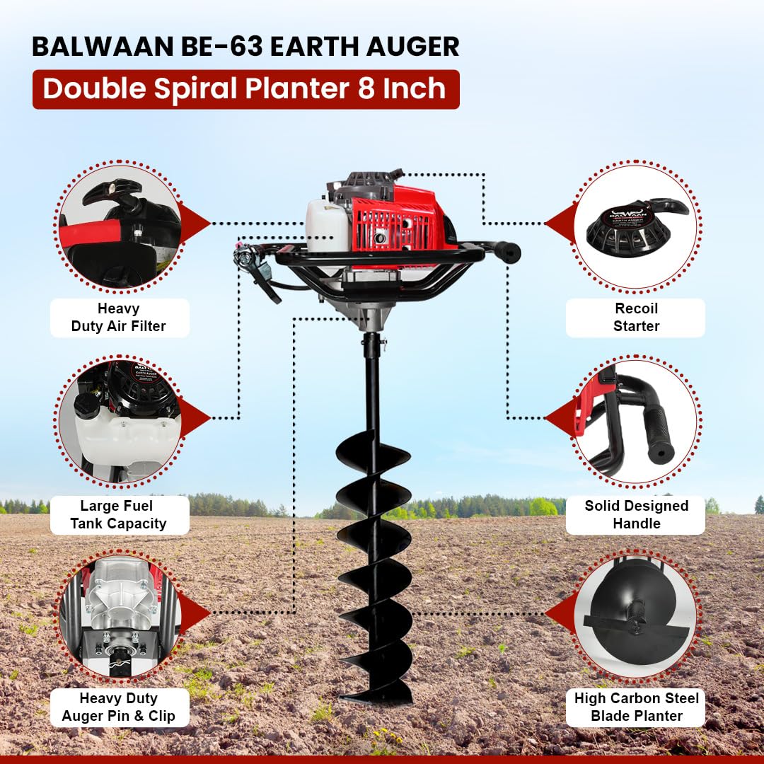 बलवान कृषी BE-63 Earth Auger 63 cc 2 स्ट्रोक पॉवरफुल हेवी ड्युटी पेट्रोल इंजिनसह 8 इंच दुहेरी सर्पिल प्लांटर खड्डे खोदण्यासाठी, वृक्षारोपण आणि कुंपण घालण्याच्या उद्देशासाठी उपयुक्त