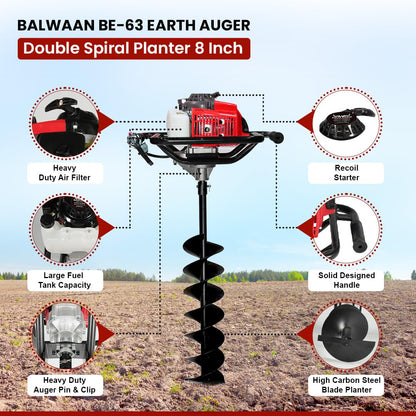 बलवान कृषी BE-63 Earth Auger 63 cc 2 स्ट्रोक पॉवरफुल हेवी ड्युटी पेट्रोल इंजिनसह 8 इंच दुहेरी सर्पिल प्लांटर खड्डे खोदण्यासाठी, वृक्षारोपण आणि कुंपण घालण्याच्या उद्देशासाठी उपयुक्त