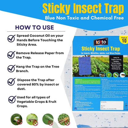 Kitto Blue Non-Toxic and Chemical-Free Fly Insect Trap Pads for Insects, Whiteflies, Aphids, Leaf Miner, Thrips (Pack of 10)