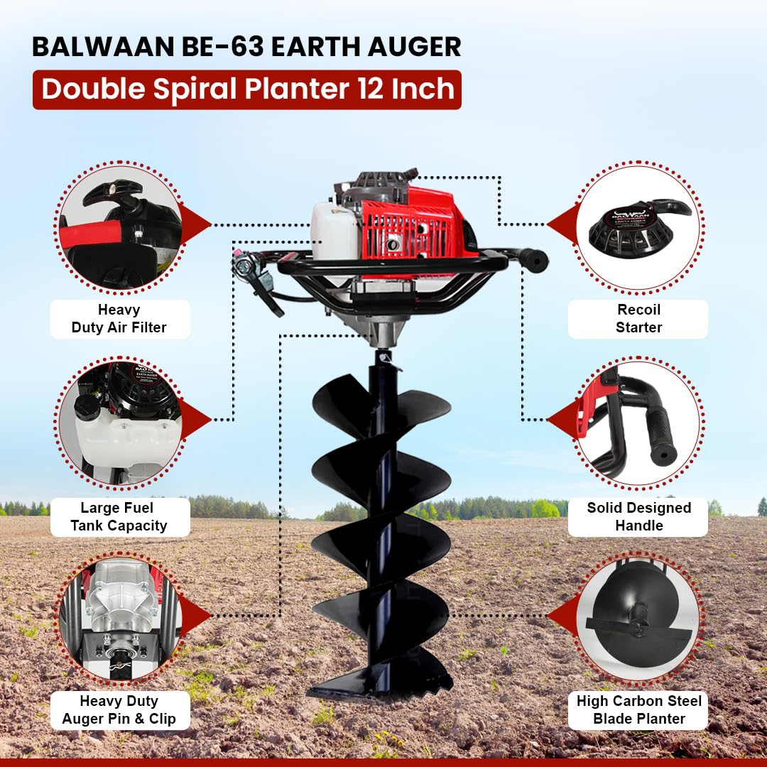 बलवान कृषी BE-63 Earth Auger 63 cc 2 स्ट्रोक पॉवरफुल हेवी ड्युटी पेट्रोल इंजिन 12 इंच डबल स्पायरल प्लांटर खड्डे खोदण्यासाठी, वृक्षारोपण आणि कुंपण घालण्याच्या उद्देशासाठी उपयुक्त
