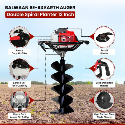 बलवान कृषी BE-63 Earth Auger 63 cc 2 स्ट्रोक पॉवरफुल हेवी ड्युटी पेट्रोल इंजिन 12 इंच डबल स्पायरल प्लांटर खड्डे खोदण्यासाठी, वृक्षारोपण आणि कुंपण घालण्याच्या उद्देशासाठी उपयुक्त