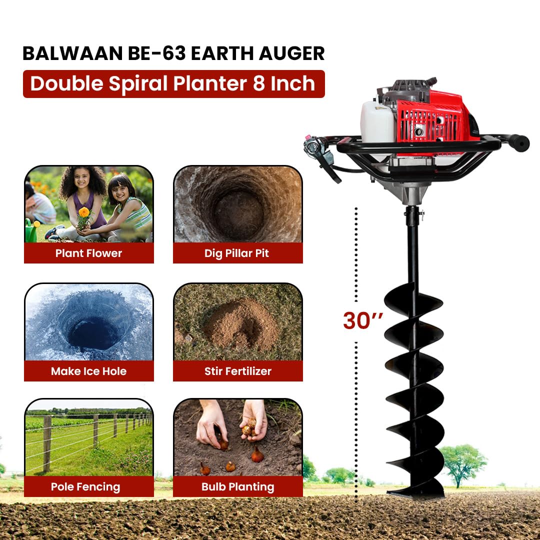 बलवान कृषी BE-63 Earth Auger 63 cc 2 स्ट्रोक पॉवरफुल हेवी ड्युटी पेट्रोल इंजिनसह 8 इंच दुहेरी सर्पिल प्लांटर खड्डे खोदण्यासाठी, वृक्षारोपण आणि कुंपण घालण्याच्या उद्देशासाठी उपयुक्त