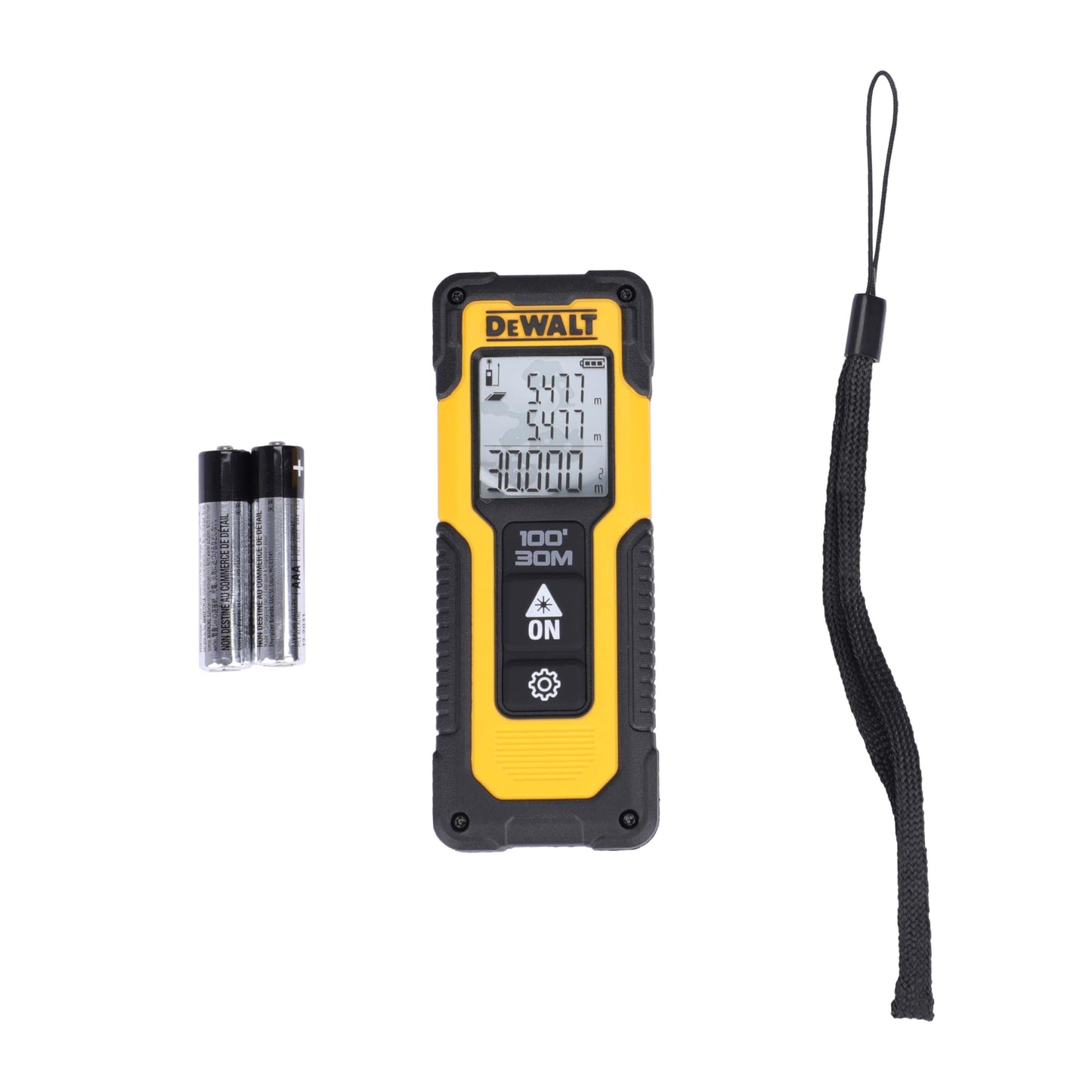 DEWALT DWHT77100 30M कॉर्डलेस लेजर डिस्टेंस मेजरर 2xAAA बैटरी के साथ दूरी क्षेत्र और आयतन माप के लिए रंगीन स्क्रीन के साथ घर, DIY और व्यावसायिक उपयोग के लिए, 1 वर्ष की वारंटी, पीला और काला