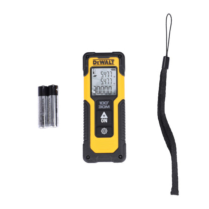 DEWALT DWHT77100 30M कॉर्डलेस लेजर डिस्टेंस मेजरर 2xAAA बैटरी के साथ दूरी क्षेत्र और आयतन माप के लिए रंगीन स्क्रीन के साथ घर, DIY और व्यावसायिक उपयोग के लिए, 1 वर्ष की वारंटी, पीला और काला