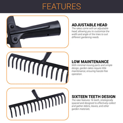 FALCON FGR-16 Garden Rake 16-Teeth Metal Head Without Handle for Loosening Soil Gathering Leaf Leveling Land Agriculture Farming Gardening Tool